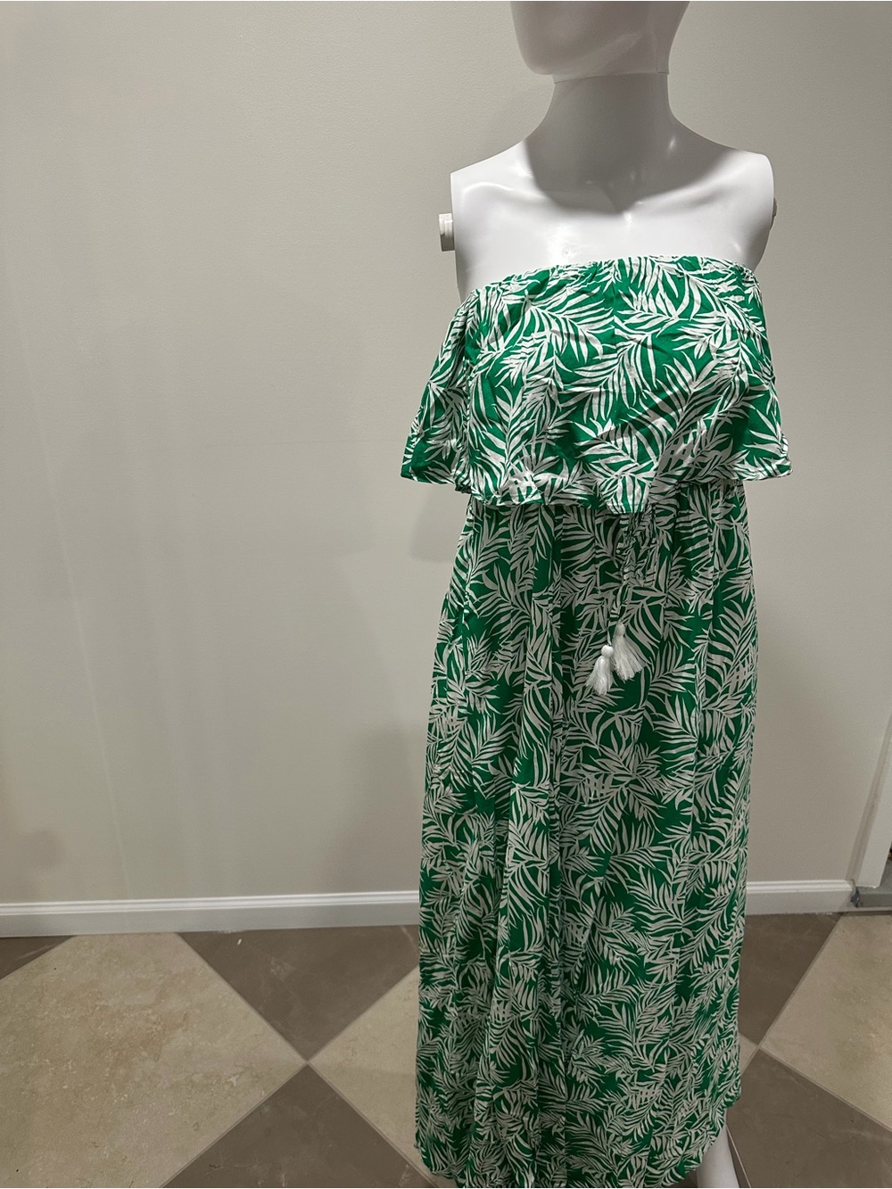 Japna Green and White Strapless Leaf-Print Maxi Dress